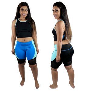 Color Block Crop Top Biker Set (BLUE)